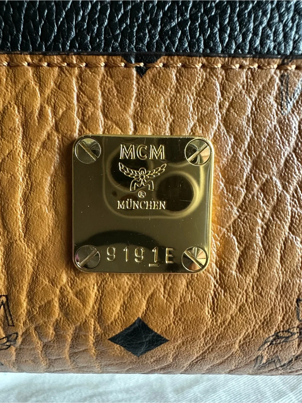 MCM Visetos Tote with Black and Cognac Leather Detailing